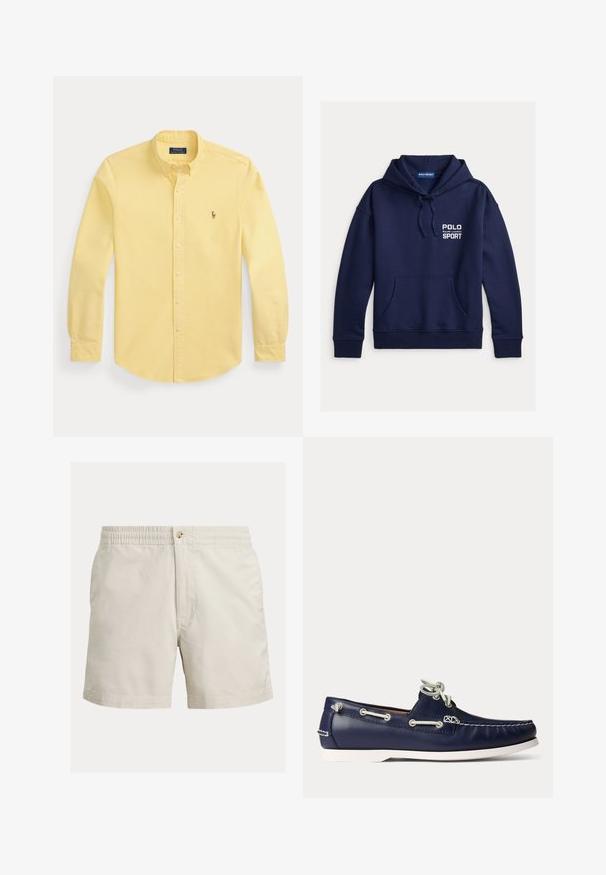 Navyblå hættetrøje lavet af blødt stof, med en frontlomme, ribstrikkede manchetter og "POLO SPORT" logo i hvid.; Langærmet gul skjorte med knapper og krave samt lille broderet logo på venstre bryst, lagt fladt på hvid baggrund.; Beige bomuldsshorts med elastisk linning, knaplukning og sidelommer. Glat tekstur med et enkelt, klassisk design.; Flåden blå læder bådsko med hvide snørebånd og syninger, med hvid gummisål og metaløjer på en lyse baggrund.