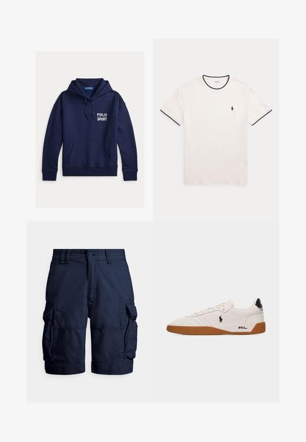 Marineblauwe hoodie gemaakt van zachte stof, met een voorzak, geribbelde boorden en het witte "POLO SPORT"-logo.; Witte T-shirt met korte mouwen en een ronde hals met marineblauwe bies op de kraag en mouwen, met een klein marineblauw Polo Ralph Lauren paardenlogo op de linkerborst.; Marineblauwe cargoshorts van duurzaam stof, met zijzakken, een knoopsluiting en gestikte details voor textuur.; Witte lage sneaker met een bruine rubberen zool, zwart Polo Ralph Lauren-logo aan de zijkant en de tekst "RL" op het hielgedeelte.
