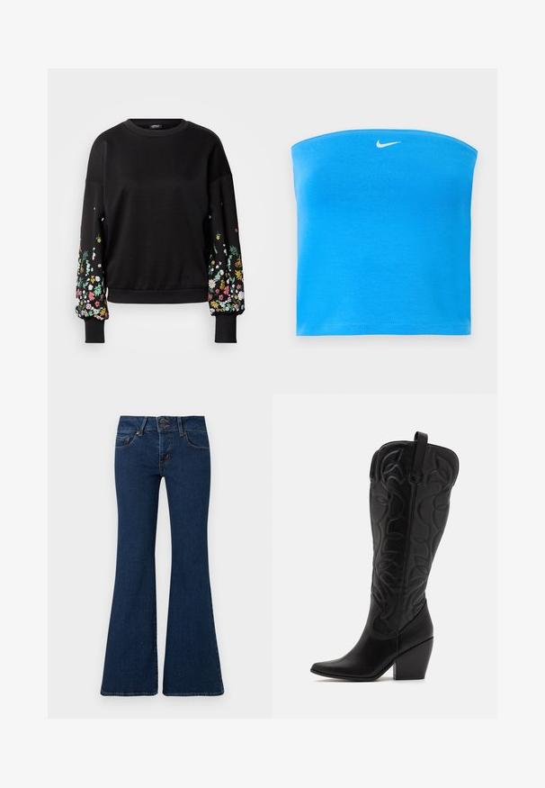 Sweat-shirt noir à manches longues bouffantes avec broderie florale colorée sur les deux manches ; fabriqué en tissu doux et confortable.; Top tube Nike bleu vif sans bretelles avec logo Swoosh blanc centré près du bord supérieur.; Jean flare bleu foncé en denim, avec fermeture éclair et double bouton, poches avant et détails cousus le long des côtés.; Bottes hautes en cuir noir jusqu'aux genoux avec bout pointu et talon empilé. Caractéristiques de coutures décoratives et éléments de design courbés.