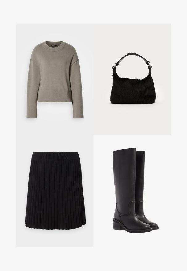 Lys grå cropped sweater med rund halsudskæring, dropskuldere og ribbede manchetter og kant. Blød tekstur, enkelt design.; Sort ribbet strikket nederdel med en bred talje, der har lodrette plisseringer og en udvidet kant. Ensartet tekstur hele vejen igennem.; Sorte læder knæ-høje støvler med en glat tekstur, rund tå og en chunky hæl. Har diskret syninger og et strømlinet design.; Sort faux fur håndtaske med en blød tekstur, rund form og en robust skulderrem i sort læder. Synlige sølvhardware-detaljer.