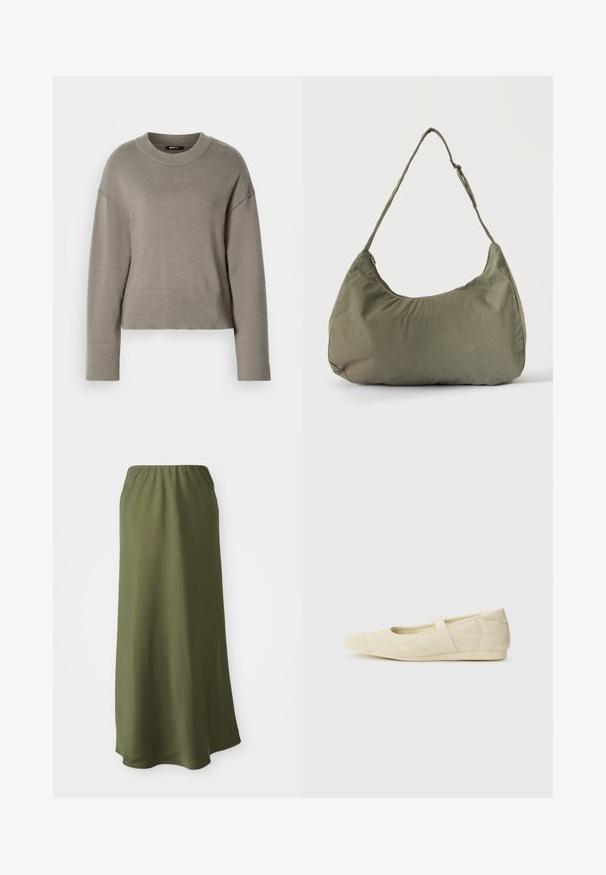 Pull cropped gris clair avec un col rond, des épaules tombantes et des poignets et ourlet côtelés. Texture douce, design simple.; Jupe longue olive en tissu doux avec taille élastique ; texture lisse et design simple et fluide.; Ballerines beiges avec une exterior en cuir lisse, un bout en forme d'amande et une sangle élastique sur le coup de pied, avec des détails de couture subtils.; Sac à épaule en tissu doux vert olive avec fermeture éclair et bandoulière réglable sur un fond uni clair.