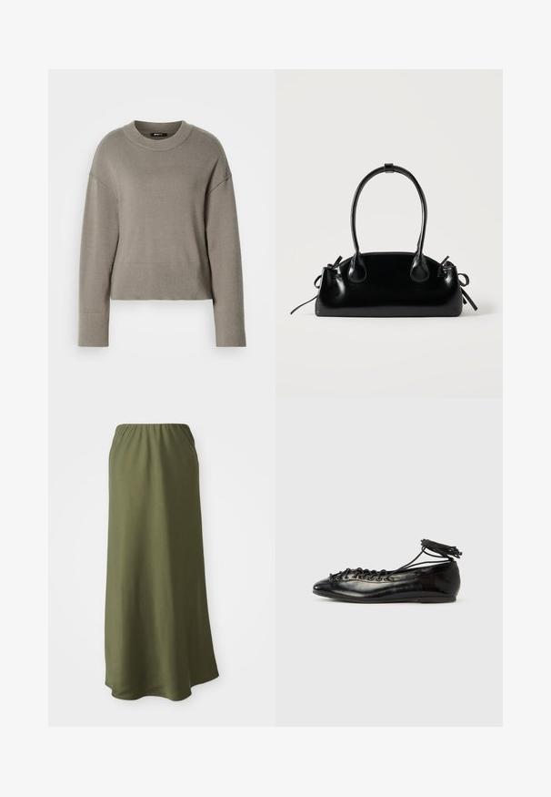 Lys grå cropped sweater med rund halsudskæring, dropskuldere og ribbede manchetter og kant. Blød tekstur, enkelt design.; Olivenfarvet ankel-lang nederdel lavet af blødt stof med elastisk talje; glat tekstur og et enkelt, svævende design.; Sorte balletflade sko i laklæder med rundet tå, snørelukning og flad sål. Glat tekstur med få detaljer.; Lille sort blank håndtaske med to lange håndtag og snøre-detaljer i siden på en ensfarvet lys baggrund.