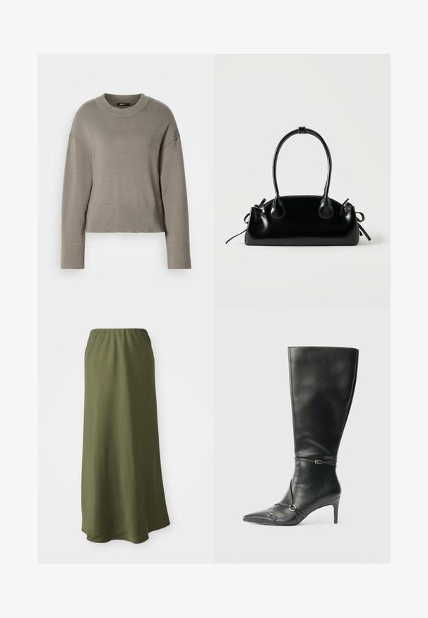 Lys grå cropped sweater med rund halsudskæring, dropskuldere og ribbede manchetter og kant. Blød tekstur, enkelt design.; Olivenfarvet ankel-lang nederdel lavet af blødt stof med elastisk talje; glat tekstur og et enkelt, svævende design.; Sorte knæhøje støvler i læder med en slank hæl, spids tå og remdetaljer ved anklen. Glat tekstur og tætsiddende design.; Lille sort blank håndtaske med to lange håndtag og snøre-detaljer i siden på en ensfarvet lys baggrund.