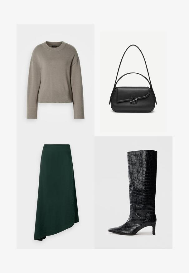 Lys grå cropped sweater med rund halsudskæring, dropskuldere og ribbede manchetter og kant. Blød tekstur, enkelt design.; Mørkegrøn omslagsnederdel lavet af glat stof, med en asymmetrisk nederkant og et sømløst taljebånd for et rent design.; Sorte knæhøje støvler med en blank, krokodillemønstret tekstur, spids tå og en affaset hæl. Glat syntetisk materiale.; Sort læderhåndtaske med afrundede kanter, asymmetrisk klap, metalcirkulært spænde samt både korte og lange skulderstropper.