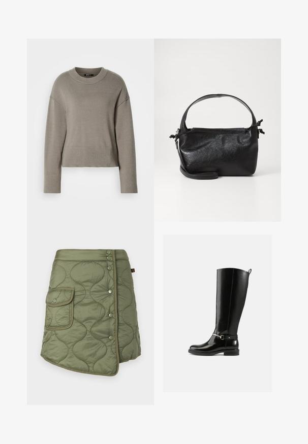 Lys grå cropped sweater med rund halsudskæring, dropskuldere og ribbede manchetter og kant. Blød tekstur, enkelt design.; Quiltet olivengrøn nederdel med en omslagdesign, der har en sidelomme, trykknapper og en glat, let blank tekstur.; Sorte knæhøje støvler lavet af blankt læder med en sølvfarvet spænde ved anklen og rundet snude. Flad sål.; Sort læderhåndtaske med et struktureret design, rund tophåndtag og aftagelig skulderrem. Den har en glat tekstur og en subtil glans.