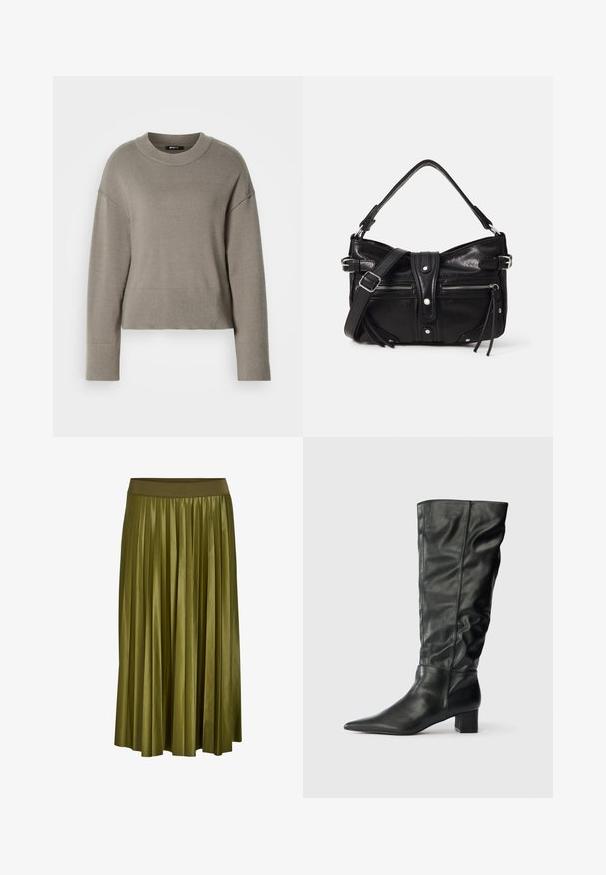 Lys grå cropped sweater med rund halsudskæring, dropskuldere og ribbede manchetter og kant. Blød tekstur, enkelt design.; Kaki grøn plisseret midi nederdel med bred elastisk talje og glat stoftekstur.; Sorte læderknæhøje støvler med spids tå, afslappet skaft og blokhæl. Glat tekstur med minimal synlig syning.; Even&Odd by Zalando H24462 - Håndtasker - black