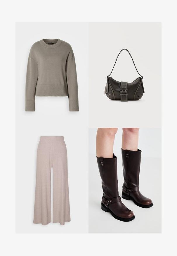 Suéter corto gris claro con cuello redondo, hombros caídos y puños y dobladillo acanalados. Textura suave, diseño simple.; Pantalones de pierna ancha en gris claro, hechos de una suave tela de canalé, con una cinturilla alta y piernas de largo completo con una sutil textura.; Botas de cuero marrón hasta la rodilla con una textura suave, que cuentan con una correa ancha y detalles de hardware triangulares, suelas de goma planas.; Bolso de hombro de cuero negro con detalle de correa con hebilla, bordes curvos y costuras blancas en contraste sobre un fondo liso.
