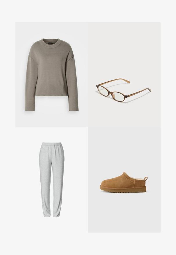 Lys grå cropped sweater med rund halsudskæring, dropskuldere og ribbede manchetter og kant. Blød tekstur, enkelt design.; Grå sweatsbukser med elastisk talje, tætsiddende bendesign, blød tekstur og ingen synlige mønstre eller hardware detaljer.; Brune ruskind slip-on sko med blødt, hvidt pelsfor, flad gummisål, rund tå og lille trækstrop ved hælen.; Brune skildpaddemønstrede briller med ovale linser, tynde arme og gennemsigtige accenter. Har et diskret logo på stangen. Slankt, let design.