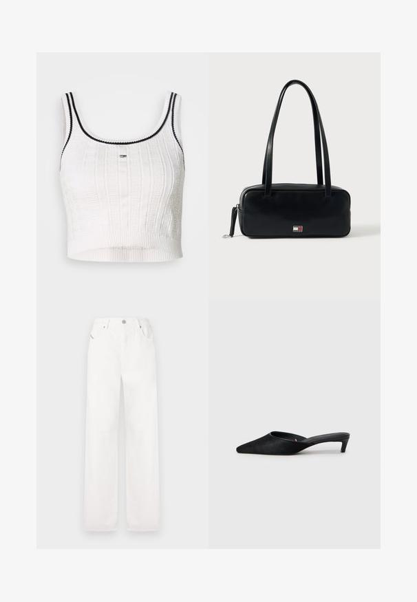 Witte cropped tanktop met een getextureerd gebreid patroon, zwarte rand rond de halslijn en armsgaten, en een aansluitende pasvorm.; Witte katoenen wijde broek met een klassiek vijf-pocketontwerp en een metalen knoopsluiting, met subtiele stikdetails.; Zwarte suède muilen met een spitse neus en een lage hak. Heeft een gladde textuur en een open achterkant voor gemakkelijk aan- en uittrekken. Eenvoudig ontwerp zonder patronen.; Zwarte leren handtas met een rechthoekige vorm, platte basis, twee schouderbanden en een klein logodetail aan de voorkant. Glad oppervlak.