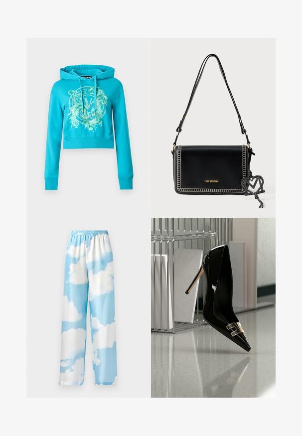 Turkis cropped hoodie med lange ærmer, snører i hætten og dekorativt grafisk logo centreret på brystet.; Himmelblå bukser med sky-mønster, lavet af glat stof, med en elastisk talje og brede ben. Ingen synlige lommer eller hardware.; Sort stilet i laklæder med spids tå, med en gylden hardware-detalje tværs over fronten, placeret på en reflekterende overflade.; Sort læderhåndtaske med rektangulær form, hvide syninger og guldfarvet logo. Har en aftagelig vedhæng formet som et "M".