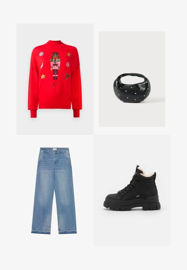 Pull rouge avec un casse-noisette tricoté, des étoiles dorées, des bonbons à la menthe, un chapeau de Père Noël, un flocon de neige, du houx et des décorations en sequins en forme d'arbre de Noël.; Jean large taille haute bleu clair avec fermeture à bouton, poches avant, passants de ceinture et détails légèrement décolorés.; Buffalo ASPHA MID WARM - Bottines à lacets - black; Sac à main en cuir noir de forme arrondie, décoré de clous argentés et équipé d'une poignée courte. Texture lisse et fermeture éclair.