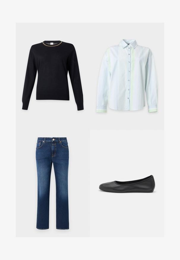 Pull noir à manches longues avec col rond et une fine bande multicolore autour du col, présenté sur un fond uni.; Chemise à manches longues boutonnée avec col, présentant des rayures verticales bleu clair et vertes sur fond blanc.; Jean en denim bleu foncé avec une coupe droite, conception à cinq poches et détails de couture subtils. Comprend une braguette zippée et une fermeture par bouton en métal.; Ballerines en cuir noir avec un bout rond, texture lisse, détails de couture minimalistes et design de semelle flexible.