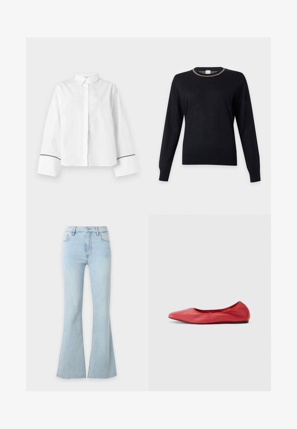 Pull noir à manches longues avec col rond et une fine bande multicolore autour du col, présenté sur un fond uni.; Chemise blanche à manches longues boutonnée, col pointu, larges poignets avec fine bordure noire près des extrémités, devant uni et coupe décontractée.; Jean en denim bleu clair taille haute avec jambes évasées, fermeture par bouton et fermeture éclair, poches avant et arrière.; Filippa K REY FLATS - Ballerines - bright red