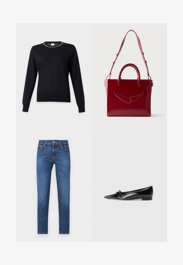 Pull noir à manches longues avec col rond et une fine bande multicolore autour du col, présenté sur un fond uni.; Jean en denim bleu coupe slim avec cinq poches, fermeture par bouton et zip, et détails légèrement délavés sur le devant des cuisses.; Chaussure plate en cuir verni noir avec un bout pointu, une petite lanière décorative et un petit talon carré. Texture lisse et design épuré.; Sac à main en cuir rouge avec double poignées et bandoulière réglable, présentant un motif d'ailes embossé sur le panneau avant.