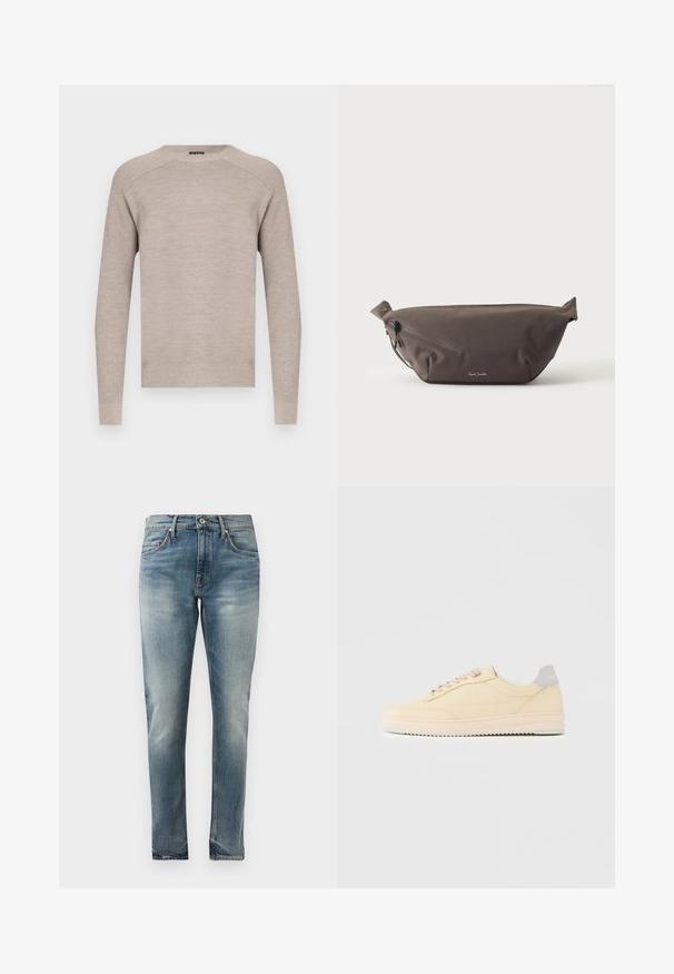 Beige gebreide trui met een ronde hals, lange mouwen en geribbelde boorden en zoom. Soepele textuur met een subtiel, gelijkmatig patroon.; Slim-fit blauwe denim jeans met een vervaagde wasbeurt, vijf-pocket stijl, knoopsluiting en subtiele slijtage op de heupen en knieën.; Beige lage sneaker met veters aan de voorkant, lichtroze zool en een grijze hieltab met het merk "Filling Pieces", zijaanzicht op een effen achtergrond.; Donkerbruine stoffen heuptas met diagonale ritssluiting en klein wit logo aan de voorkant, tegen een effen lichte achtergrond.