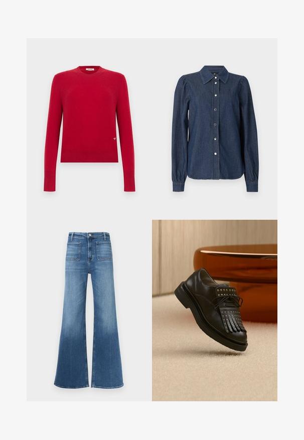 Roter Pullover mit Rundhalsausschnitt und langen Ärmeln, mit gerippten Bündchen und Saum, versehen mit einem kleinen dreieckigen Logo nahe der unteren rechten Seite.; Dunkelblaues Denim-Hemd mit langen Ärmeln, durchgeknöpft, spitzem Kragen und leicht aufgepufften Schultern.; Flared Jeans aus blauem Denim mit mittelhohem Bund, fünf Taschen und einer verwaschenen Optik. Mit Gürtelschlaufen und einem einzigen Knopfverschluss.; Schwarzer Leder-Schnürschuh mit dekorativer Fransen und Metallnieten auf beigem Teppich neben braunen Möbeln.