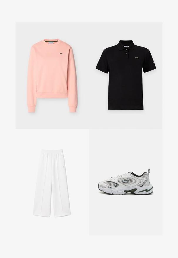 Hellrosa Sweatshirt mit Rundhalsausschnitt und langen Ärmeln, Rippbündchen an Ärmeln und Saum, mit kleinem grünem Lacoste Krokodil-Logo auf der Brust.; Schwarzes Poloshirt mit kurzen Ärmeln, zwei Knöpfen, einem Kragen, kleinem grünem Krokodil-Logo auf der Brust und weißem Schriftzug am linken Ärmel.; Weiße weit geschnittene Hose mit einem elastischen Bund, weichem Stoffgefühl, mittleren Falten und einem kleinen aufgestickten Lacoste-Logo an der Seite.; Weiße Sportschuhe mit Netzpanelen, schwarzen Akzenten und einer strukturierten Sohle. Sie bieten ein schlankes Design und ein auffälliges Logo an der Seite.