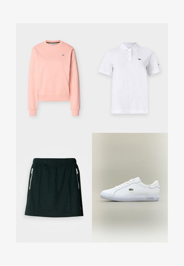 Lyserød langærmet sweatshirt med rund hals, ribbede manchetter og kant, med en lille grøn Lacoste krokodillelogo på brystet.; Hvid polo-shirt med korte ærmer med to knapper, en lille grøn krokodille-logo på venstre bryst og et diskret sort logo på venstre ærme.; Sort atletisk nederdel lavet af blødt materiale, med elastisk talje, to sidelommer med lynlås og plissering for en struktureret form.; Hvide sneakers med lav hæl og hvide snørebånd, grønt krokodille-logo på siden og "Lacoste" mærke på sålen mod en neutral baggrund.