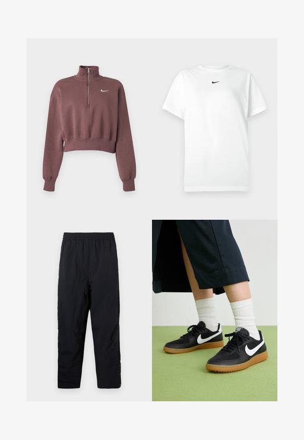 Sudadera corta malva con mangas largas, puños acanalados, cuello con cremallera hasta un cuarto y logotipo blanco de Nike swoosh en el pecho.; Camiseta de manga corta blanca con cuello redondo y pequeño logo de Nike en negro centrado debajo del escote.; Pantalones casuales negros de cintura elástica con piernas rectas y botones a presión en el tobillo sobre un fondo blanco liso.; Zapatillas de cuero negro y sintético con el swoosh blanco de Nike, suela de goma, punta redonda y cordones negros. Calcetines blancos acanalados visibles.