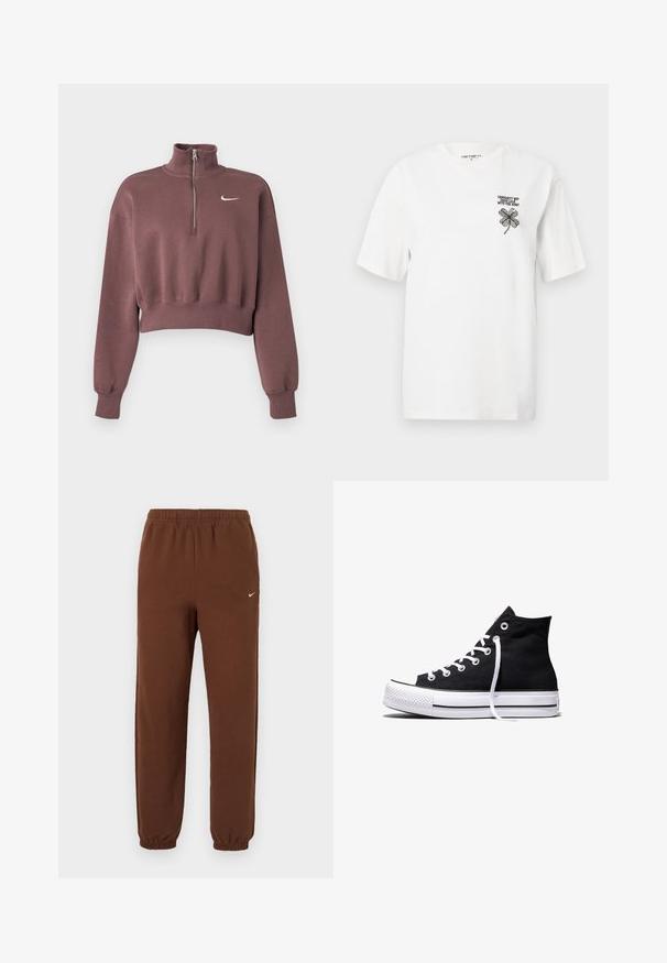 Sweat-shirt court mauve à manches longues, poignets côtelés, col avec fermeture éclair quart de zip, et logo Nike swoosh blanc sur la poitrine.; T-shirt en coton blanc à manches courtes, à col rond, avec un trèfle noir brodé et du texte sur la partie gauche de la poitrine.; Pantalon de jogging marron Nike avec taille et poignets élastiques, avec un petit logo blanc Nike sur le haut de la jambe gauche.; Baskets montantes en toile noire avec semelle en caoutchouc blanche et lacets blancs, vues de côté sur un fond blanc.
