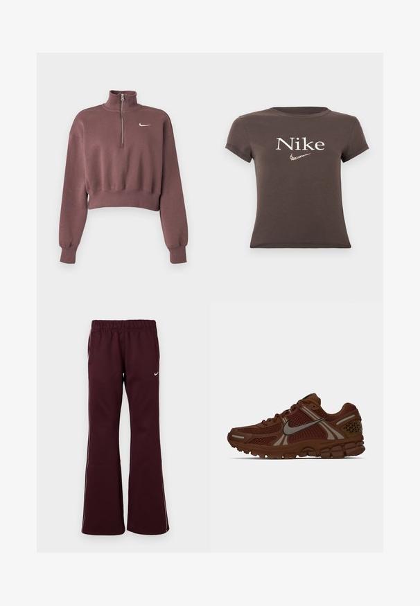 Mauve cropped sweatshirt med lange ærmer, ribstrikkede manchetter, kvart lynlåskrave og hvid Nike swoosh-logo på brystet.; Brun kortærmet crop top med "Nike" tekst og leopardprintet Nike swoosh logo centreret på brystet.; Bordeauxfarvede træningsbukser med flagrende design, elastisk talje og sidelommer. Har hvide kantbånd og et lille logo på forsiden.; Brun Nike løbesko med mesh-paneler, gummisål og reflekterende swoosh-logo på siden, vist i højre profil.