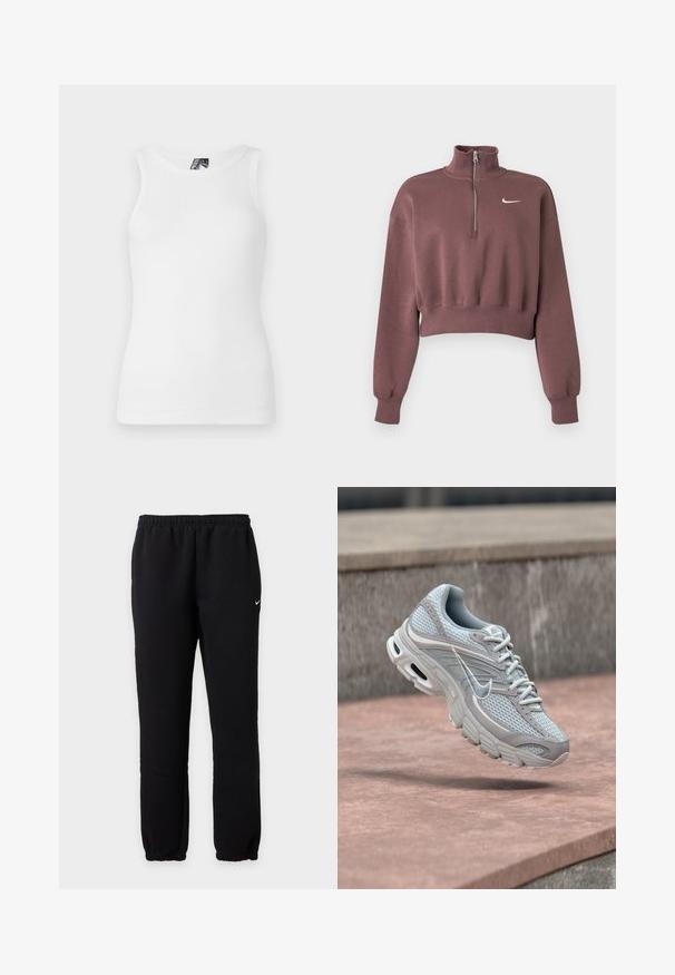 Fliederfarbener, kurz geschnittener Pullover mit langen Ärmeln, gerippten Bündchen, Viertel-Reißverschluss am Kragen und weißem Nike-Swoosh-Logo auf der Brust.; Weißes, geripptes Tanktop mit rundem Ausschnitt und ärmellosem Design, gefertigt aus einem weichen Baumwollmix mit taillierter Silhouette.; Schwarze Nike Jogginghose mit elastischem Bund und Bündchen, mit kleinem weißem Nike Swoosh-Logo am linken Oberschenkel.; Hellgrauer und weißer Nike-Laufschuh mit Mesh-Oberfläche und gepolsterter Sohle, schwebt in der Luft vor einem Hintergrund aus Betontreppen.