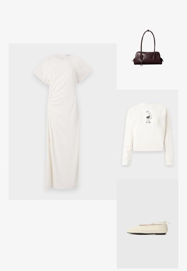 Hvid langærmet cropped sweatshirt med et sort-hvidt trykt billede af en kvinde i sort undertøj på midten foran.; Hvid kjole med korte ærmer, rund halsudskæring og ruching-detalje i siden; glat stof med en gulvlængde silhuet.; Cremefarvede flade sko med rund tå, ankelrem og kontrasterende sort gummisål. Glat materiale med minimal detaljer.; Mørkebrun lædertaske fra Calvin Klein med lange dobbelte håndtag og en lille logohængende ved det ene håndtag.