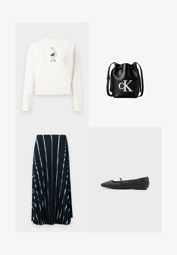Weißer, langärmeliger, cropped Sweatshirt mit einem schwarz-weißen Druckfoto einer Frau in schwarzer Unterwäsche auf der Vorderseite in der Mitte.; Schwarzer, plissierter Rock mit hellblauen diagonalen Streifen. Hergestellt aus leichtem, strukturiertem Stoff. Fällt bis zur Mitte der Wade und hat keine sichtbaren Verschlüsse.; Schwarzer flacher Schuh mit spitzer Spitze, gestepptem geometrischem Muster und dünnem Riemen über dem Spann vor einfarbigem Hintergrund.; Schwarze Leder-Bucket-Bag mit Kordelzugverschluss oben und weißem "cK" Logo auf der Vorderseite, mit verstellbarem Schulterriemen.