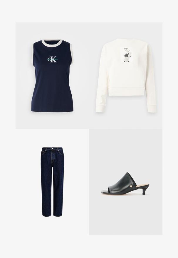 Sudadera corta de manga larga blanca con una fotografía impresa en blanco y negro de una mujer en ropa interior negra en el centro delantero.; Top de algodón sin mangas de color navy con un cuello de canalé blanco, que presenta un logotipo verde y blanco de "Calvin Klein" en la parte frontal. Textura suave.; Jeans de mezclilla azul oscuro con un diseño de pierna recta, que presentan una cintura alta, estilo de cinco bolsillos y costuras en contraste. Sin adornos.; Mules de cuero negro de punta abierta con un tacón bajo. Presentan una superficie lisa y un acento del logo dorado en el costado.