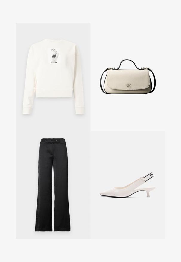Hvid langærmet cropped sweatshirt med et sort-hvidt trykt billede af en kvinde i sort undertøj på midten foran.; Sorte wide-leg bukser med en glat overflade, der har en talje og knaplukning. Simpelt design, velegnet til forskellige anledninger.; Hvid laklæder slingback sko med spids tå, lav kitten hæl og mærket sort og hvid elastisk rem ved hælen.; Cremefarvet rektangulær håndtaske med sort rem og håndtag, foran klaplukning samt lille sølvfarvet "cK" logo midt foran.
