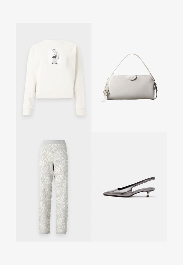 Hvid langærmet cropped sweatshirt med et sort-hvidt trykt billede af en kvinde i sort undertøj på midten foran.; Strukturerede loungbukser i elfenben med grå mønstre, der har et blødt stof, elastisk talje og ribbede manchetter.; Metalgrå spids slingback-sko med lav kittenhæle og justerbar rem på hvid baggrund.; Hvid rektangulær Calvin Klein håndtaske med enkelt håndtag, minimalistisk design og dekorative kvaster med geometrisk metalvedhæng på siden.