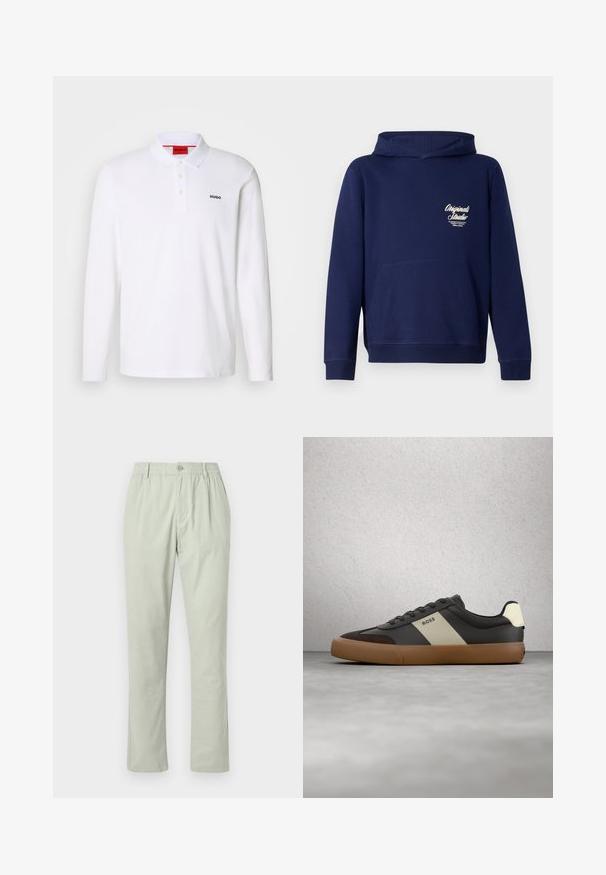 Mørkeblå hoodie med en frontkangaroo lomme, ribbede ærmer og et logo på brystet. Lavet af blødt stof med en glat tekstur.; Hvid langærmet polo-skjorte lavet af bomuld med krave, tre-knaps stolpe og sort "HUGO" logo på venstre bryst.; Lys grønne, lige ben bukser lavet af blødt stof. Har knaplukning fortil, elastisk talje og sidelommer. Ingen synlige mønstre.; Sort og brun sneaker med beige stribe og "BOSS"-logo, svævende over gråt betongulv og baggrund med glassblokvæg.