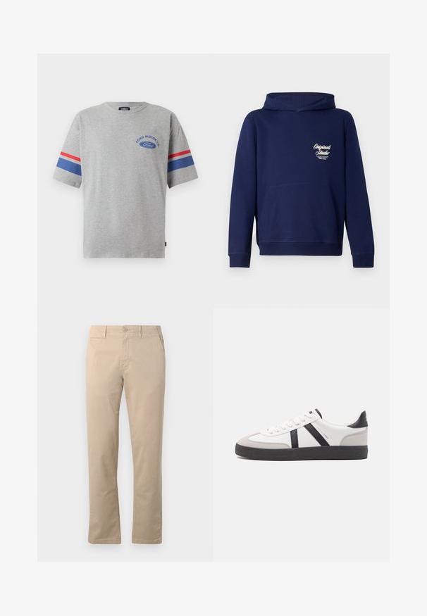 Mørkeblå hoodie med en frontkangaroo lomme, ribbede ærmer og et logo på brystet. Lavet af blødt stof med en glat tekstur.; Grå bomulds t-shirt med korte ærmer, prydet med blå og røde striber på ærmerne og "Ford Motor Co" logo i blå på brystet.; Beige chinos lavet af bomuld, med lige ben-design, traditionel knaplukning og sidelommer med ren syning.; Hvide sneakers med sorte og grå detaljer, med en tekstureret grå tåhætte, sort gummisål og flade hvide snørebånd. Rent design, minimalistisk stil.