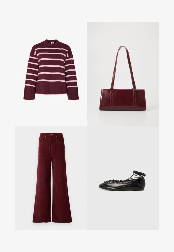 Bordeauxkleurige trui met horizontale roze strepen. Ronde halslijn, geribde boorden en zoom. Heeft een cropped ontwerp met roze accentrand.; Burgundy wijde corduroy broek met hoge taille, voorzakken en een knoopsluiting. Geweven ribstof over de gehele lengte.; Zwarte ballerina's van lakleer met een afgeronde neus, veterdesign en een platte zool. Glad oppervlak met minimale details.; Bourgondische handtas van glanzend materiaal, rechthoekige vorm, met twee schouderbanden en subtiele gebogen accenten aan de voorkant.