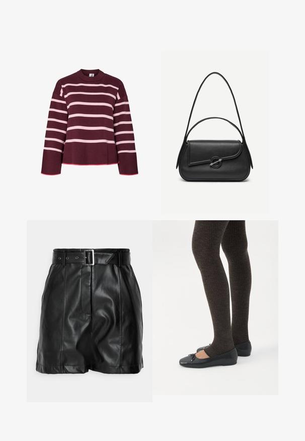 Maroonsweater med horisontale lyserøde striber. Rund halsudskæring, ribbede manchetter og kant. Har et cropped design med lyserøde detaljer.; Sorte lædershorts med en glat overflade, høj talje og et bredt bælte med en rektangulær sølvspænde. Plisseret design foran.; Ben iført mørke ribbede leggings kombineret med sorte balletsko med små sløjfedetaljer på hvid baggrund.; Sort læderhåndtaske med afrundede kanter, asymmetrisk klap, metalcirkulært spænde samt både korte og lange skulderstropper.