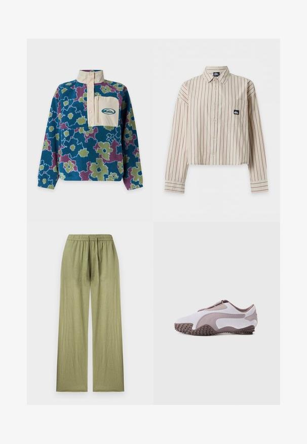 Pull polaire à manches longues avec motif floral bleu, vert et violet, col montant beige et poche poitrine beige avec fermeture éclair et logo.; Chemise courte beige boutonnée, rayures verticales rouges, manches longues, poche poitrine et petit écusson logo noir et blanc sur la poche.; Pantalon large en lin vert olive clair avec taille élastique et coupe décontractée présenté sur fond uni.; Chaussure de sport gris clair avec une tige en daim souple, une semelle en caoutchouc dotée de pointes texturées et un design flexible. Logo latéral dans une teinte plus foncée.