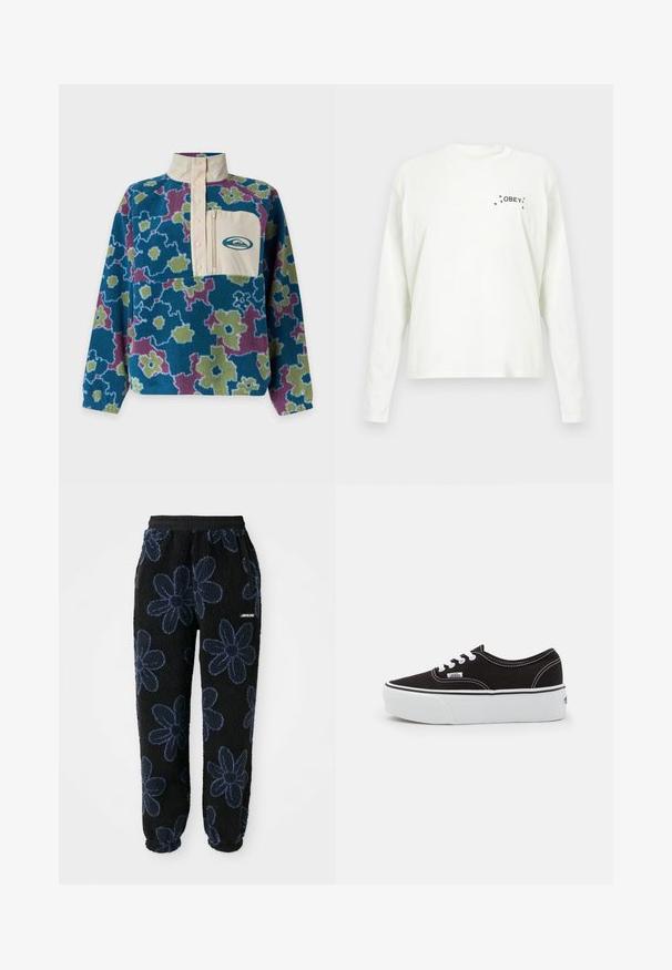 Langærmet fleece-pullover med blåt, grønt og lilla blomsterprint, beige høj krave og beige brystlomme med lynlås og logo.; Langærmet, hvid bomulds t-shirt med grafisk tekst "OBEY" og små stjerneaccents på venstre forreste brystområde.; Fleece joggers med sort baggrund og mørkeblå blomsterdesign. Har en elastisk talje og sidelommer. Blød tekstur.; Sort lærred sneakers med en hvid gummi platform sål, der har hvide snørebånd og syninger, ikonisk branding på siden, lav-top design.