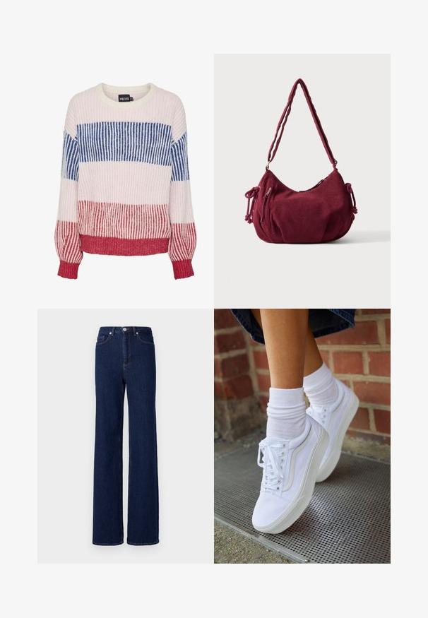 Strikket sweater med horisontale striber i pink, hvid, blå og rød. Rund halsudskæring, ribbet tekstur og lange ærmer.; Mørkeblå denim jeans med høj talje, bred benudskæring og klassisk fem-pocket design. Afsluttet med kontrastsyning og en metalknap.; Hvide lærreds sneakers med gummisåler, der har seks snørehuller, rund tå og let sømdetaljer, krydret med hvide ankelstrømper.; Blød bordeaux kordfløjls skuldertaske med justerbar rem, lynlås lukning, sidelommer med bindebånd og en front lynlåslomme.