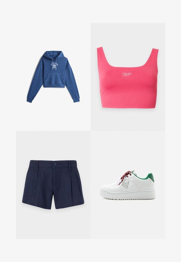 Blauer, gekürzter Hoodie aus weichem Stoff; verfügt über eine vordere Kängurutasche, eine Kapuze mit Zugbändern und ein weißes Logodesign auf der Brust.; Rosa kurzes Tanktop mit eckigem Ausschnitt, aus glattem Stoff, mit "tom my jeans" in Weiß in der Mitte vorne bestickt.; Marineblaue Leinen-Shorts mit einer glatten Textur, die über Frontfalten, einen einzelnen Knopfverschluss und standardmäßige Gürtelschlaufen verfügen.; Weiße Plateau-Sneaker mit grünen Akzenten an Ferse und Zunge, rot-weiß gemusterten Schnürsenkeln und einem dreieckigen Guess-Logo an der Seite.
