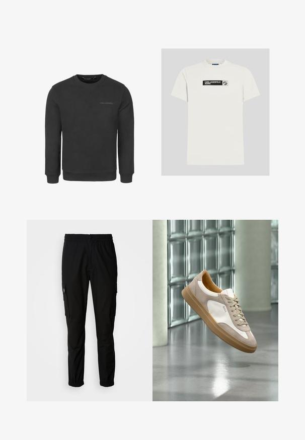 Sudadera negra confeccionada en mezcla de algodón, con cuello redondo, mangas largas, puños y bajo acanalados, y un sutil logo de "KARL LAGERFELD".; Camiseta blanca de manga corta con parche de logo rectangular negro que dice "KARL LAGERFELD JEANS" y emblema KL adyacente en el pecho.; Pantalones cargo negros de tela, con cintura elástica, cierre de botón y múltiples bolsillos laterales con solapas.; Zapatilla beige y blanca con suela marrón claro y logo "BOSS", suspendida sobre un suelo liso y reflectante con pared de bloques de vidrio al fondo.
