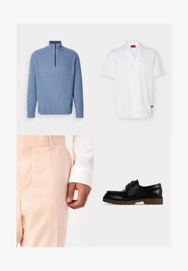 Suéter de punto acanalado en azul claro, con cuello alto y una cremallera parcial en el cuello; cuenta con mangas largas y un dobladillo recto.; Camisa blanca de manga corta con botones y cuello campestre, con etiquetas rojas del logo Hugo en el interior del cuello y en el dobladillo inferior.; Pantalones de corte ajustado en rosa pálido con una textura suave, que cuentan con un bolsillo lateral y un lazo para cinturón, combinados con un puño de camisa blanca.; Zapato de piel negro de corte bajo con suela gruesa marrón estriada, cordones delanteros y logo dorado "Hugo" en el lateral.