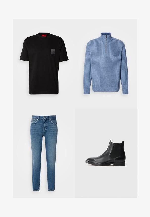Lyst blå ribbestrikket sweater med opretstående krave og en delvis lynlås ved halsen; har lange ærmer og en lige kant.; Sort bomulds T-shirt med rund hals, prydet med en struktureret sort lap med logo på venstre bryst. Korte ærmer og afslappet pasform.; Lysblå denimjeans med lige pasform, traditionelt fem-lomme-design, metalknaplukning og diskret slid på fronten.; Sorte læder Chelsea støvler med elastiske sidepaneler, rund tå, trækstrop og en lav blokhæl. Glat tekstur og minimalistisk design.