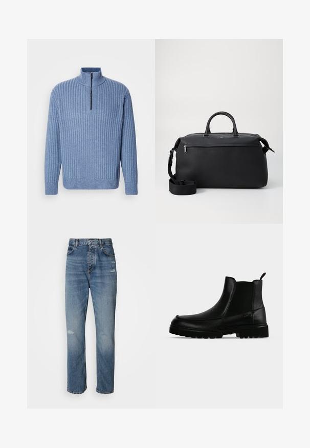 Pull en tricot côtelé bleu clair avec un col montant et une fermeture éclair partielle au niveau du cou ; il a des manches longues et un ourlet droit.; Jean en denim bleu clair au design droit, avec une fermeture à bouton et zip, cinq poches et des détails usés près des genoux.; Bottine noire en cuir avec semelle texturée, panneaux latéraux élastiques et languette de tirage sur fond gris clair.; Sac de voyage en cuir noir avec deux poignées supérieures, une bandoulière amovible et une poche avant zippée pour un espace de rangement supplémentaire.