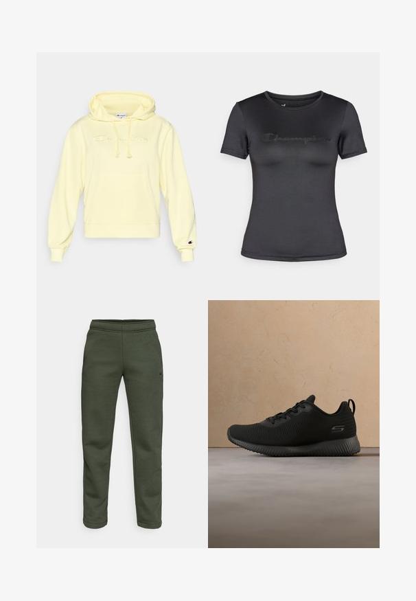 Gelbe Kapuzenjacke mit Fronttasche, verstellbarer Kordelzugkapuze und gesticktem Logo. Weicher Stoff und gerippte Bündchen.; Schwarzes T-Shirt mit kurzen Ärmeln aus glattem Stoff, mit einem dezenten, erhabenen "Champion"-Logo auf der Brust und einem Rundhalsausschnitt.; Dunkelolivgrüne Jogginghose aus weichem Material, mit einem elastischen Bund und einem kleinen Logo-Detail an der Seite.; Schwarze Sportschuhe mit strukturiertem Obermaterial, runder Zehenpartie und Schnürsenkeln. Mit einer gepolsterten Sohle und einer Schlaufe am Fersenbereich für einfaches Anziehen.