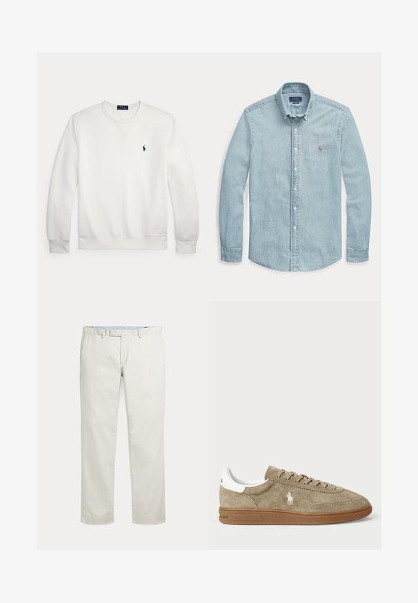 Biela mikina s dlhým rukávom a okrúhlym výstrihom s malým tmavomodrým logom Polo Ralph Lauren na ľavej strane hrudníka.; Svetlomodrá rifľová košeľa s dlhým rukávom, golierom na gombíky, bielymi gombíkmi a malým vyšitým logom Polo Ralph Lauren na hrudi.; Krémové nohavice s rovnými nohavicami, s pútkami na opasok a skrytým predným zapínaním na jednoduchom pozadí.; Semišové tenisky v béžovej farbe s bielymi detailmi, s okrúhlou špičkou a viazaním. Obsahujú embosované logo a gumovú podrážku pre lepšiu trakciu.