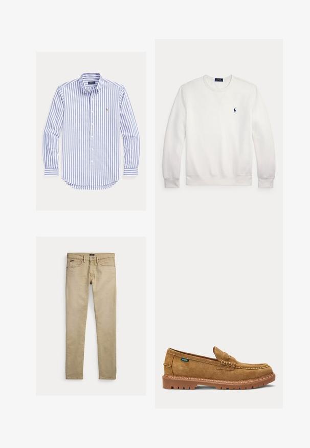 Valkoinen pitkähihainen pyöreäkauluksinen collegepaita, jossa pieni tummansininen Polo Ralph Lauren -logo vasemmassa rinnassa.; Sinivalkoinen pystysuora raidallinen pitkähihainen napillinen kauluspaita, jossa on nappikiinnitys ja pieni kirjailtu logo rinnassa.; Beigen väriset slim fit -housut, joissa on etutaskut, vyölenkit ja napitettava suljenta, asetettu tasaiselle valkoiselle taustalle.; Vaaleanruskea mokkanahkainen penny loafer -pistetyllä mokkakärkiosalla, kestävä kumipohja ja pieni vihreä kangastarra sivussa.