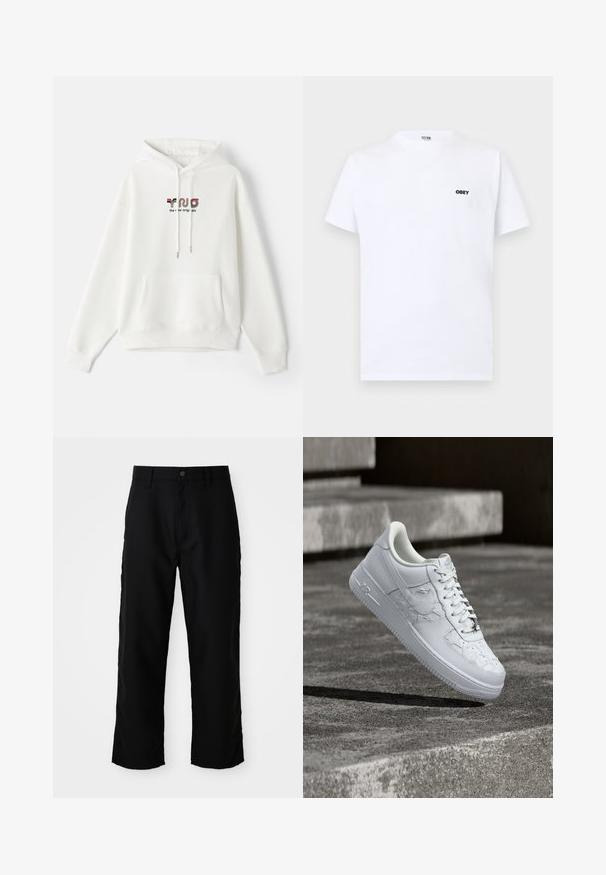 Hvid hoodie med frontlomme, snøre i hætten og trykt tekst med farverig branding på brystet. Blødt stof, afslappet design.; Hvid T-shirt med korte ærmer og lille sort "OBEY"-logo på venstre bryst, vist på en flad lys grå baggrund.; Sorte lige ben bukser med bæltestropper, frontknap og lynlås lukning på ensfarvet lys baggrund.; Hvid Nike Air Force 1 sneaker med prægede stjernemønstre og en metallisk stjerne snørebåndsvedhæng, der svæver over en betongulv.