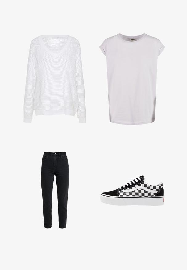 Jersey blanco de manga larga con cuello en V, tejido de punto abierto con patrón perforado y puños y bajo de canalé.; Camiseta blanca de algodón con mangas cortas enrolladas, cuello redondo y corte holgado. Textura suave, diseño minimalista sin patrones ni acentos.; Vaqueros de mezclilla negra de cintura alta con botón y cremallera delanteros, dos bolsillos delanteros y pierna estrecha sobre fondo blanco.; Zapatillas de lona a cuadros en blanco y negro con acentos de ante negro, cordones blancos y suela de goma. El logo lateral presenta un diseño en contraste.