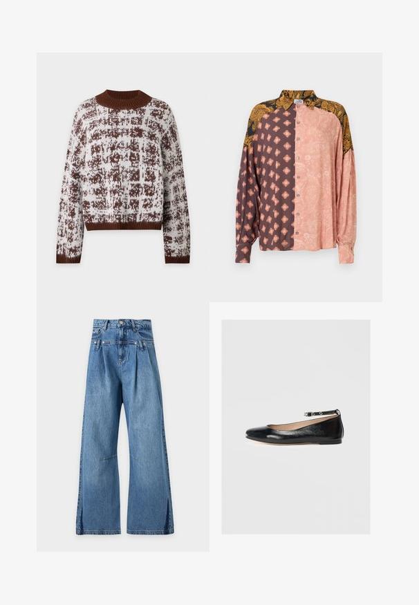 Pull en maille marron et blanc à motifs avec col, poignets et ourlet en côtes, avec un col ras du cou haut et des manches longues.; Chemise à manches longues avec boutons, présentant des panneaux contrastants en rose et brun foncé ornés de motifs complexes ; tissu doux avec col et coupe décontractée.; Jean bleu taille haute à jambes larges, avec des plis sous la ceinture et des surpiqûres horizontales discrètes au niveau des cuisses, présenté sur un fond uni.; Ballerines noires en cuir avec un bout rond, une bride à la cheville et un petit talon. Texture lisse et design minimaliste.