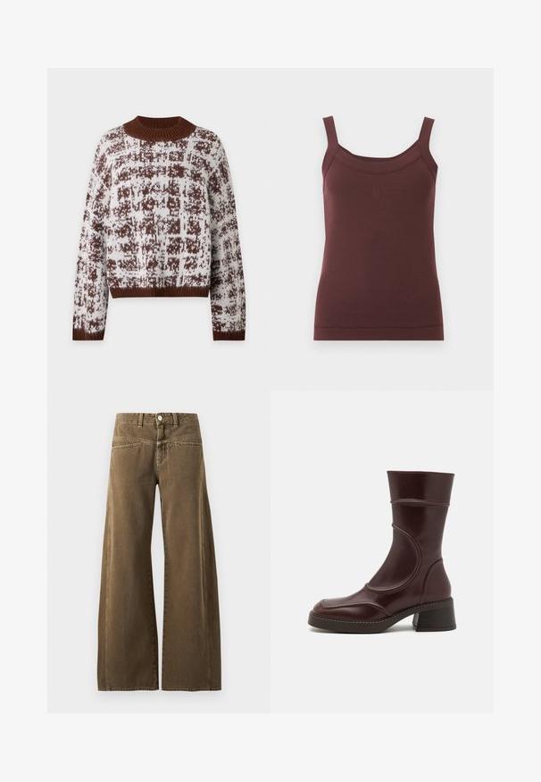 Pull en maille marron et blanc à motifs avec col, poignets et ourlet en côtes, avec un col ras du cou haut et des manches longues.; Débardeur brun côtelé sans manches avec encolure carrée et logo brodé discret au centre devant.; Pantalon marron taille haute à jambes larges avec bouton devant, passants de ceinture, et coutures visibles sur fond clair.; MIISTA MALENE - Bottines - brown